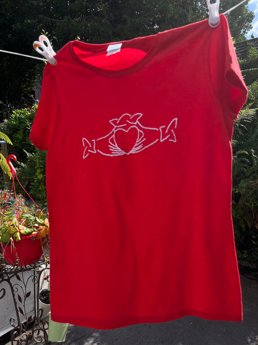 Red tee with embroidered claddagh